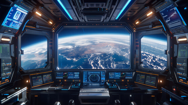 A space shuttle cockpit with a view of the Earth