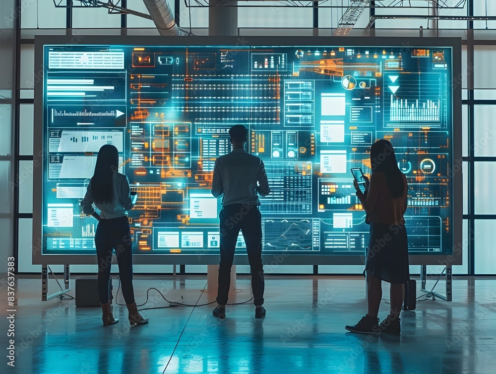 Poster team on a digital business platform with tasks and analytics displayed