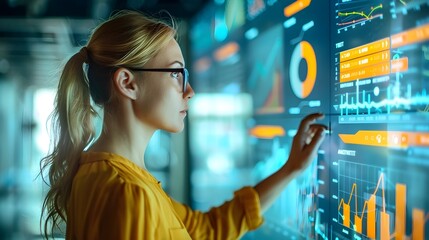 Businesswoman Utilizing Digital Whiteboard for Collaborative Video Conference with Analytical Insights