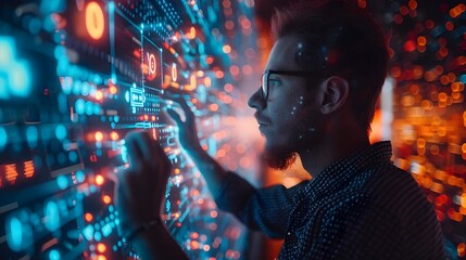 Businessman interacting with holographic display to analyze network data and business metrics in a technology driven digital communication concept