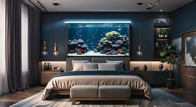 Cozy bedroom with a large aquarium on the wall and colorful fish