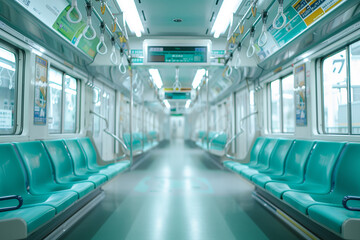 Fototapeta premium Photo of inside a white and teal subway train in Japan. The clean interior has comfortable seats and natural light from the windows. The modern design is shown with a closeup shot and blurred backgrou