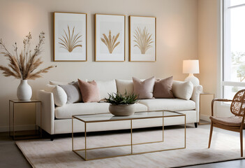 Modern living room showcasing a beige sofa, golden accents, and botanical art pieces, embodying a serene and chic aesthetic