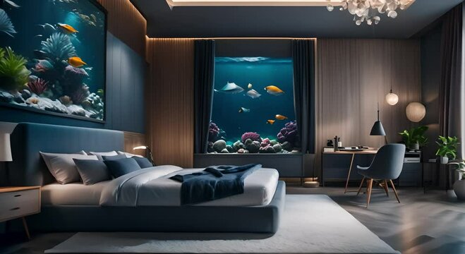 Cozy bedroom with a large aquarium on the wall and colorful fish