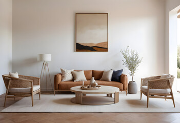 Stylish living room with a neutral color scheme, minimalist decor, and abundant natural light for a cozy ambiance