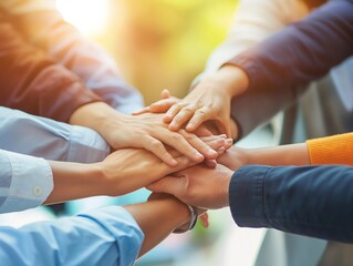 A group of people place their hands together in a stack, symbolizing unity and teamwork, with a warm, blurred background.