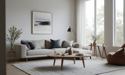 Minimalist interior design with a stylish sofa, contemporary art, and natural wood accents in a spacious and bright living room