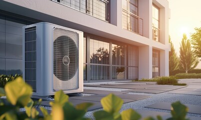 Air Source Heat Pump Installed on Residential Patio During Sunny Day