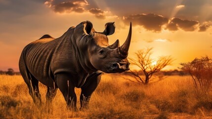 Photograph of a black rhinoceros grazing in the African savanna at sunrise
