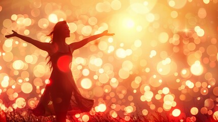  A woman in a long dress stands in a field with arms extended against a vibrant sunset backdrop of red and yellow hues