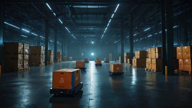 The video is of a dark warehouse with several automated guided vehicles moving around. The vehicles are carrying boxes.