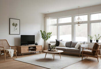 Fototapeta premium Inviting living room with stylish furnishings and expansive windows offering views of a snowy outdoor scene