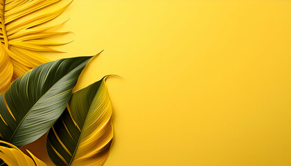matte background, a yellow background with different types of tropical leaves with space
