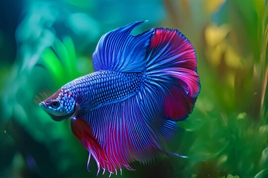 Blue Siamese Fighting Fish, Rosetail Halfmoon Aquarium Pet, Blue Red Betta Splendens in Fish Tank Closeup, Generative AI Illustration