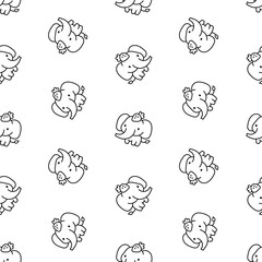 Cute kawaii elephant. Seamless pattern. Coloring Page. Cartoon funny characters. Hand drawn style. Vector drawing. Design ornaments.