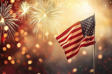 American Flag Waving in Front of Fireworks Display, 4th of July Independence Day Celebration Banner