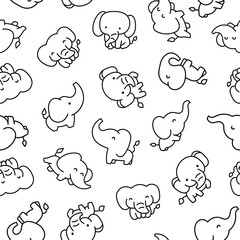 Cute kawaii elephant. Seamless pattern. Coloring Page. Cartoon funny characters. Hand drawn style. Vector drawing. Design ornaments.