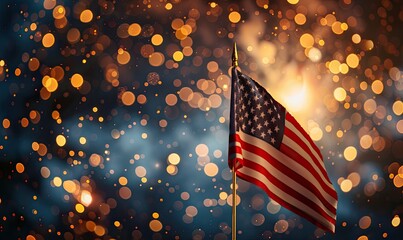 American Flag Waving in Front of Fireworks Display, 4th of July Independence Day Celebration Banner