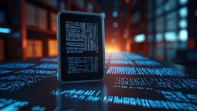 A tablet displaying a programming code in front of a blurred background of a library.