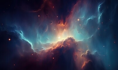 Naklejka premium Colorful Nebula Cloud With Orange And Blue Stars In Space Background