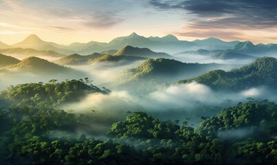 Aerial View of Lush Jungle Canopy at Sunrise with Misty Mountains, Golden Hour Soft Lighting and...