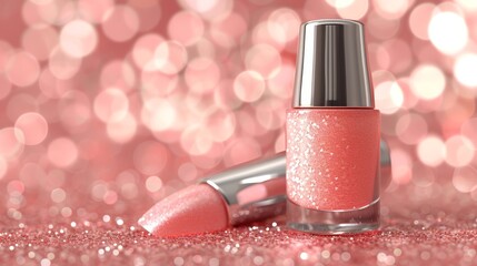  A bottle of pink nail polish sits next to an identical one on a pink, glittered surface Surrounding them are pink and white lit background lights