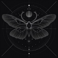 Detailed moth tattoo design with celestial elements on a dark background. Ideal for intricate tattoo ideas, mystical themes, and detailed graphic designs.