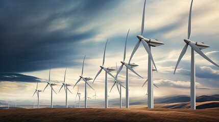 Photograph of a cluster of wind turbines gracefully spinning in unison, their blades catching the wind like giant sails against a backdrop of a stormy sky. 