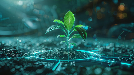illustration of nature being blended to modern technology with a sapling, dots and line being connected representing eco-friendly to earth, technology wallpaper