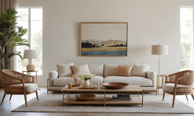 Stylish and contemporary living room featuring a beige sofa, wooden furniture, and a large painting above the sofa