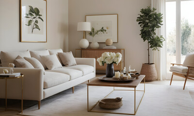 Stylish contemporary living room setup with a beige sofa, potted plants, framed art, and a gold accent coffee table