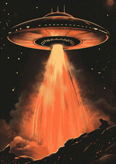 Retro-style illustration of a UFO emitting a bright beam of light in space. Ideal for sci-fi themes, extraterrestrial concepts, and vintage art.