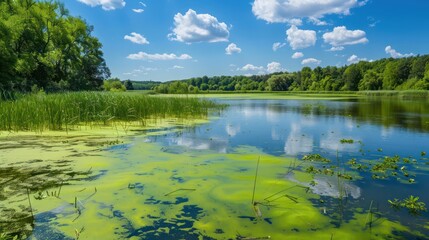 Fototapeta premium Toxic Algal Blooms: Photograph a lake or pond covered in thick green algae caused by nutrient pollution, illustrating the harmful effects of eutrophication on aquatic ecosystems. 