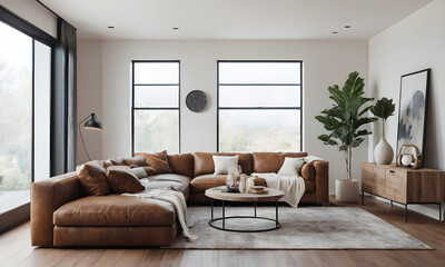 Sophisticated living room design with a luxurious leather sofa, natural light, and tranquil views from expansive windows