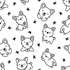 Cute kawaii corgi dog. Seamless pattern. Coloring Page. Funny puppy cartoon animal characters. Hand drawn style. Vector drawing. Design ornaments.