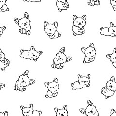 Cute kawaii corgi dog. Seamless pattern. Coloring Page. Funny puppy cartoon animal characters. Hand drawn style. Vector drawing. Design ornaments.