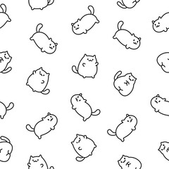 Cute kawaii little cat. Seamless pattern. Coloring Page. Cartoon funny kitty, animals character. Hand drawn style. Vector drawing. Design ornaments.