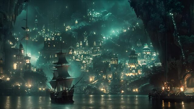 An immersive digital artwork of an enchanting pirates cove adventure. Concept Digital Art, Pirates Cove, Adventure, Enchanting, Immersive Experience