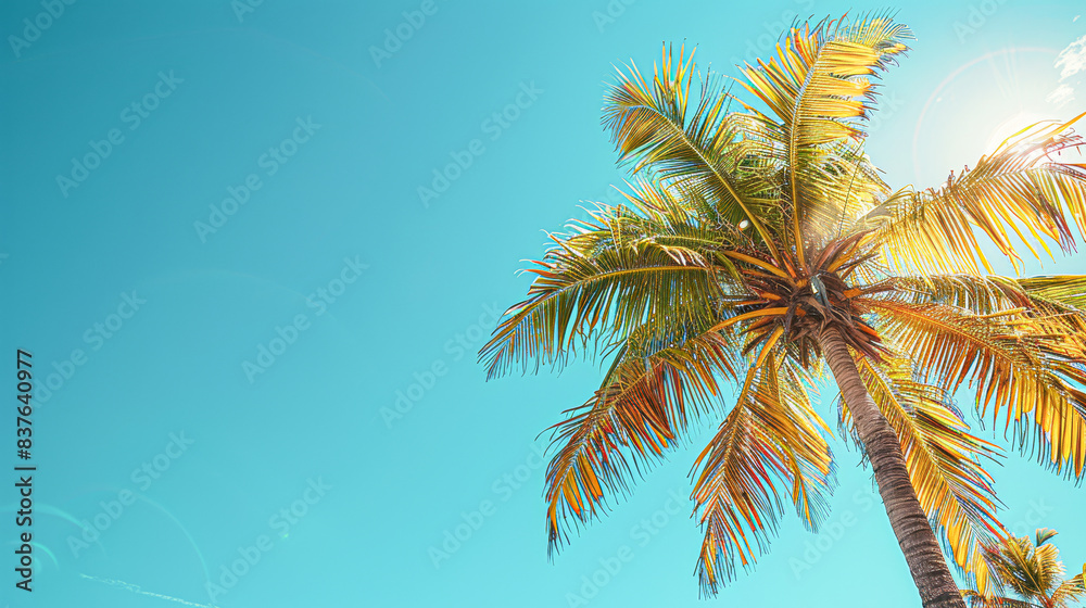 Sticker serene tropical beach paradise with palm trees and clear blue sky for copyspace bliss