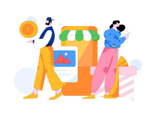 Holiday shopping people doing e-commerce online shopping flat vector concept operation hand drawn illustration
