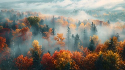 Crisp Autumn Morning with Mist Rising Over Vibrant Fall Foliage in Scenic Forest Landscape