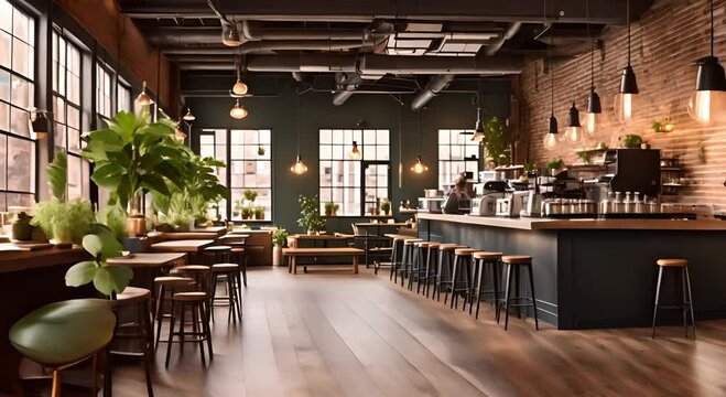 Cozy cafe shop interior with bar table and chairs in industrial style