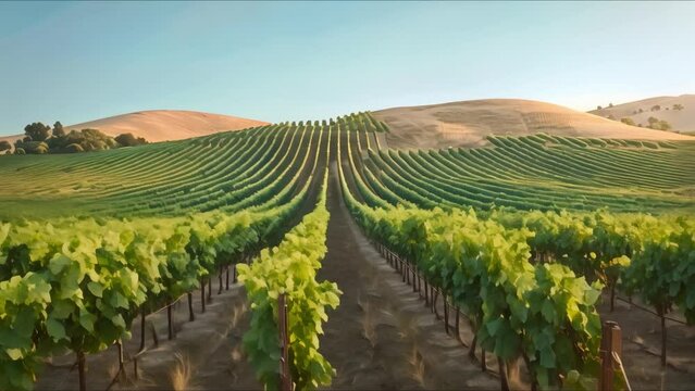 Young grapevines in vineyard rows against rolling hills under a clear sky. Concept Agriculture, Vineyard, Grapevines, Farming, Landscape