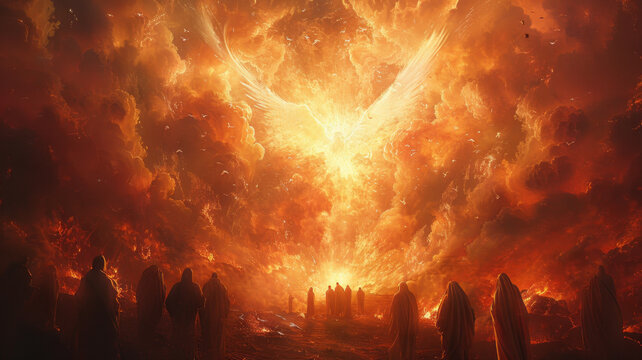 Pentecost. The descent of the Holy Spirit on the followers. People in front of a bright fire with white dove. Digital painting.generative ai