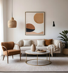 Modern living room with a comfortable couch, chic armchairs, and abstract wall decor in a cozy, neutral color scheme