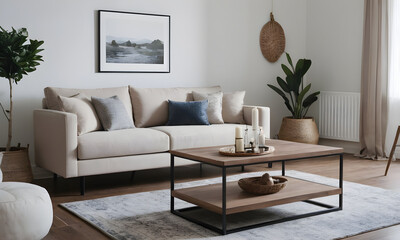 Cozy and stylish living room featuring a beige sofa, wooden coffee table, and tasteful wall art, bathed in natural light