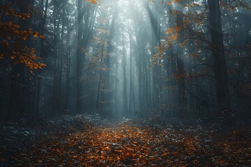 Foggy Autumn Forest Landscape with Vibrant Leaves and Serene Atmosphere