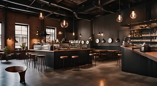 Cozy cafe shop interior with bar table and chairs in industrial style