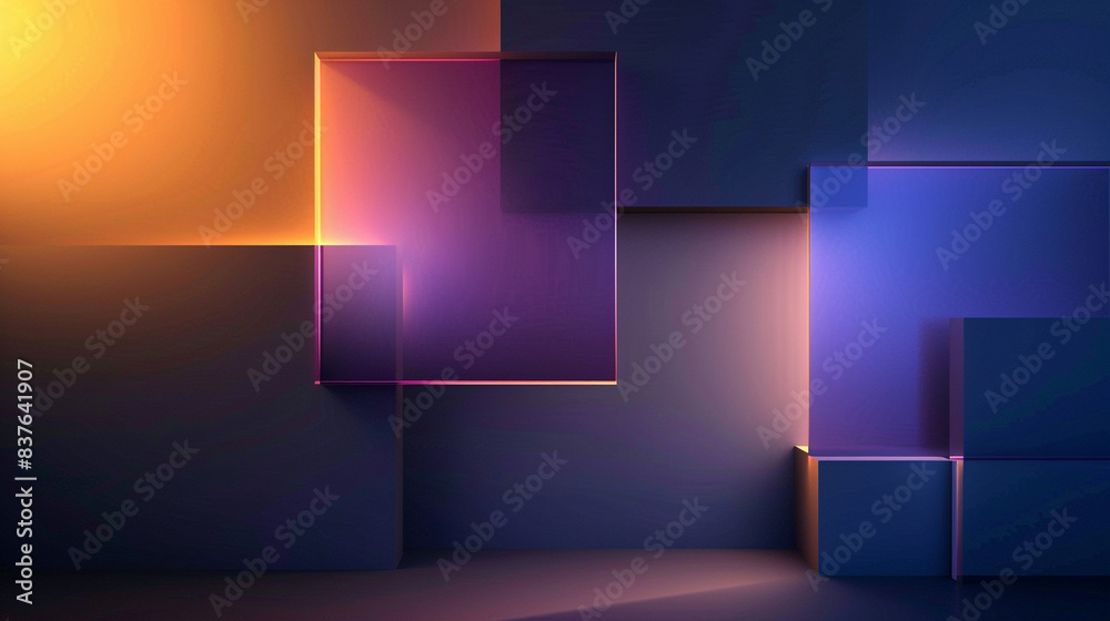 Poster 3d square neon light empty colorful gradient purple background.