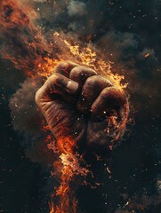 Burning raised fist against dark haze